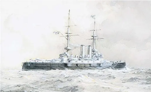  ??  ?? ABOVE: Painting of HMS Formidable; 547 of its 780 officers and men were lost when it was sunk in early hours of New Year’s Day 1915. RIGHT: Vice-Admiral Sir Lewis Bayly was blamed for the catastrope and dismissed from the Navy.