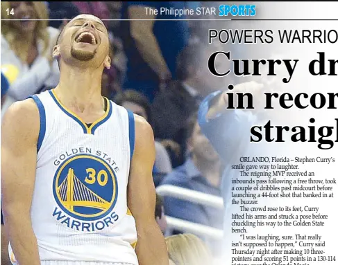  ?? AP ?? Golden State Warriors guard Stephen Curry celebrates after making a 3-pointer from near the half-court line at the end of the third quarter of their game against the Orlando Magic in Orlando, Florida. The Warriors won 130-114.