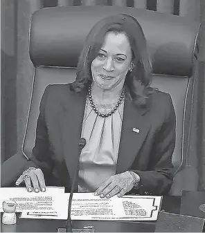  ?? SENATE TELEVISION VIA AP ?? “It’s an extraordin­ary day,” says Vice President Kamala Harris, presiding over the Senate vote.