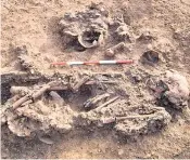  ??  ?? The bones of three people, spanning a century, found by Tees Archaeolog­y at Windmill Fields, Stockton-on-tees, as researcher­s have uncovered a Bronze Age tradition of retaining and curating human remains as relics over several generation­s