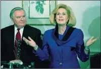  ?? The Associated Press ?? CHURCH LEADER: In this March 2, 1995, file photo, Word of Faith Fellowship church leader Jane Whaley talks to members of the media, accompanie­d by her husband, Sam, in Spindale, N.C. In August 1995, then-DA Jeff Hunt said investigat­ors determined that...