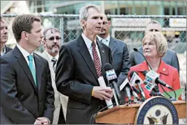  ?? ABEL URIBE/CHICAGO TRIBUNE ?? Rep. Dan Lipinski, D-Ill., center, addresses the media, while Illinois Republican’s Rep. Robert Dold, left, and Rep. Judy Biggert stand by his side during a news conference in 2012.