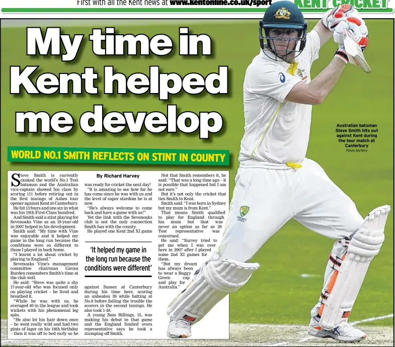  ?? Picture: Ady Kerry ?? Australian batsman Steve Smith hits out against Kent during the tour match at
Canterbury