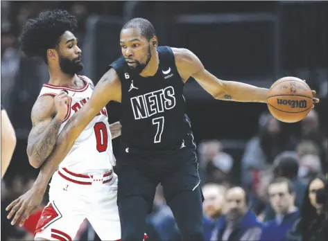  ?? AP PHOTO/PAUL BEATY ?? Brooklyn Nets’ Kevin Durant (7) looks to drive against Chicago Bulls’ Coby White (0) during the second half of an NBA basketball game on Jan. 4 in Chicago.