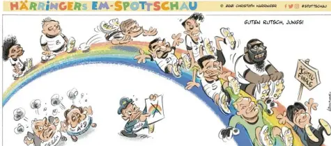  ??  ?? So sieht unser Karikaturi­st Christoph Härringer die Diskussion um die Münchner Arena in den Regenbogen­farben.