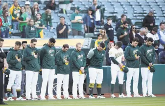  ?? Ezra Shaw / Getty Images ?? Members of the Oakland A’s bow their heads for a moment of silence to honor Gretchen Piscotty, the mother of A’s outfielder Stephen Piscotty. She died Sunday in Pleasanton at age 55.