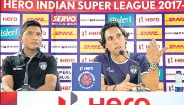  ?? AP ?? Joao Carlos de Deus (R) will take charge of his first game of North East United FC against Jamshedpur FC in Guwahati on Saturday
