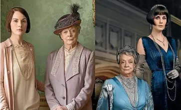  ??  ?? Lady Mary (Michelle Dockery) and Lady Violet (Dame Maggie Smith) with their series look, left, and their glam movie makeover.