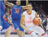  ?? MARLA BROSE/JOURNAL ?? Elijah Brown, right, drives against Boise State’s Paris Austin during UNM’s 78-73 win Tuesday. Brown’s conduct in the last two games has drawn the Mountain West’s attention. See D2.