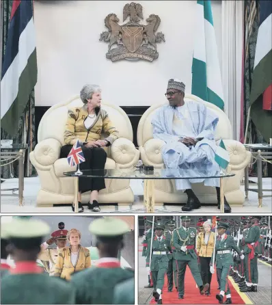  ?? PICTURES: AP PHOTO. ?? WELCOME: Top, Prime Minister Theresa May is greeted by the Governor of Lagos, Akinwunmi Ambode on her arrival in Lagos, Nigeria; above left and right, Mrs May arrives in Abuja, Nigeria, on day two of her trip to Africa. She also met Nigeria’s president Muhammadu Buhari.