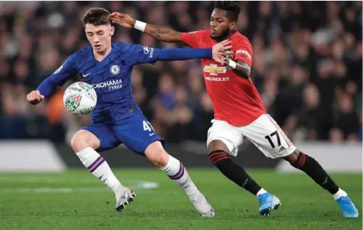  ??  ?? Chelsea’s Billy Gilmour in midfield battle with Mnchester United’s Frederico Rodrigues