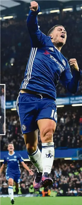  ?? All about emotions: ?? Chelsea’s Eden Hazard celebrates after scoring the third goal against Manchester United in the English Premier League match at Stamford Bridge on Sunday. Inset: Chelsea coach Antonio Conte rejoices after the goal. — AFP / AP