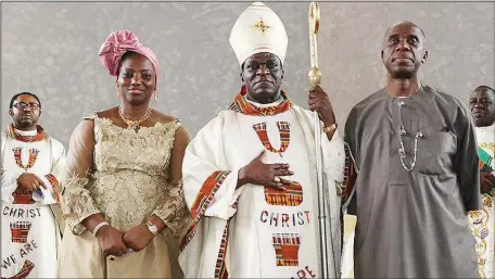  ??  ?? R-L: Rivers State Governor, Hon. Chibuike Rotimi Amaechi, Catholic Bishop of Port Harcourt, Bishop Camillus Etukudoh; and the governor’s wife, Judith, at a thanksgivi­ng service to commemorat­e the governor’s 50th birthday at Corpus Christi Catholic...