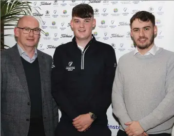  ??  ?? Paul Conroy from Enniscorth­y (centre), winner of the Under-21 Leinster golf order of merit for 2019, at the presentati­on in the Castleknoc­k Hotel with his father, Neville, and brother, Jack.