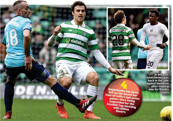  ??  ?? In and out: Sviatchenk­o was back in the side against Hamilton after making way for Boyata (inset)