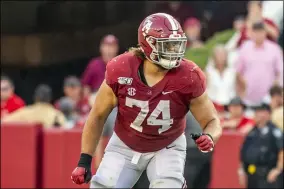  ?? VASHA HUNT — THE ASSOCIATED PRESS ?? Alabama offensive lineman Jedrick Wills Jr. lines up against Mississipp­i during a 2019 game in Tuscaloosa, Ala.