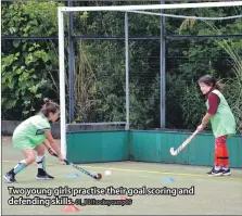  ?? 01_B31hockeyc­amp09 ?? Two young girls practise their goal scoring and defending skills.