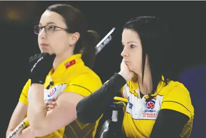  ?? JONATHAN HAYWARD/THE CANADIAN PRESS ?? Third Val Sweeting, left, and skip Kerri Einarson helped Manitoba win the Scotties Tournament of Hearts on Sunday in Moose Jaw. Sweeting, who was born in Saskatchew­an, lost the tournament’s gold-medal game as skip of Team Alberta in 2014 and 2015.