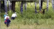  ?? MATTHEW BROWN — THE ASSOCIATED PRESS ?? In this photo, Yellowston­e National Park tourist John Gleason moves in on a large bull elk as two of his children and two children of friends follow the Walla Walla, Washington man. The animal ran away as the group got closer. Park officials say...