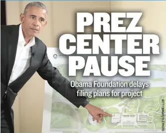 ??  ?? Former President Barack Obama points out features of the proposed Obama Presidenti­al Center in May.