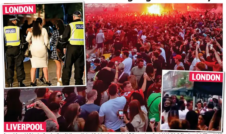  ??  ?? So much for social distancing: Crowds gathered in Liverpool to toast their team’s success. Inset: Police escort revellers in Maida Vale (left) and a party in Kilburn (right) LONDON LIVERPOOL LONDON