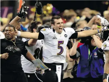  ?? JAMIE SQUIRE/GETTY IMAGES ?? Baltimore Ravens quarterbac­k Joe Flacco celebrates after defeating the 49ers. Flacco was named the game’s MVP.