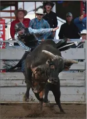  ??  ?? Kyle Balls of Hyde Park, Utah, competes in bull riding Friday, April 28, 2017 at the 69th annual Springvill­e Sierra Rodeo in Springvill­e.