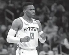  ?? MADDIE MEYER/GETTY IMAGES/TNS ?? Russell Westbrook of the Houston Rockets reacts during the second half of the game against the Celtics on Feb. 29 in Boston. Westbrook is quarantini­ng after testing positive for COVID-19.