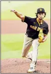  ?? ?? San Diego Padres starting pitcher Yu Darvish works in the first inning of a baseball game against the Atlanta Braves in Atlanta. (AP)