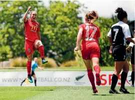  ?? PHOTOSPORT ?? Annalie Longo celebrates scoring Canterbury’s opening goal in the 3-2 win over Northern Lights yesterday.