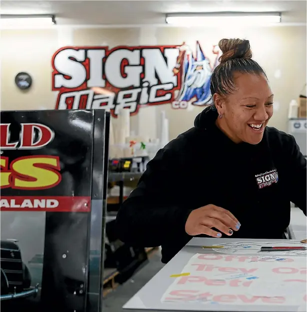  ??  ?? Black Ferns prop Toka Natua at work this week as a graphic designer in Tokoroa. Before the World Cup she reduced her shifts to make time for training in Ham m