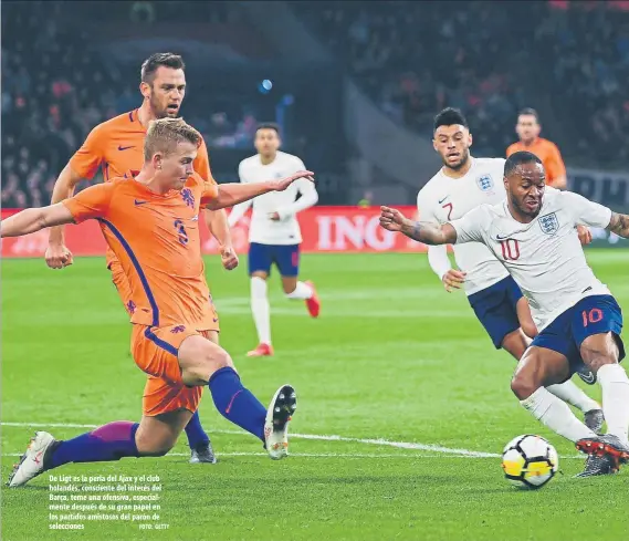  ?? FOTO: GETTY ?? De Ligt es la perla del Ajax y el club holandés, consciente del interés del Barça, teme una ofensiva, especialme­nte después de su gran papel en los partidos amistosos del parón de seleccione­s