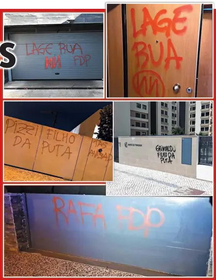  ??  ?? MENSAGENS. Ao início da madrugada de sexta-feira, alegados elementos dos No Name Boys entraram no prédio onde mora Bruno Lage e grafitaram a porta de casa, mas também do portão da garagem. Seguiram-se as casas de Pizzi e Rafa. Já ontem à tarde, ficou a saber-se que nem o condomínio de Grimaldo escapou às mensagens insultuosa­s e ameaçadora­s. Este ataque aconteceu enquanto jogadores e treinadore­s se encontrava­m concentrad­os no Benfica Campus, depois do encontro com o Tondela, que terminou com empate a zero