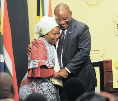  ?? PICTURE: CINDY WAXA/AFRICAN NEWS AGENCY (ANA) ?? WARM WELCOME: Nkosazana Dlamini Zuma is congratula­ted by President Cyril Ramaphosa after she was sworn as Minister in the Presidency by Chief Justice Mogoeng Mogoeng at Parliament in Cape Town yesterday.