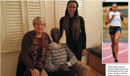  ?? SPORTSFILE ?? Nadia Power with her parents Sheila Power and Dr Abdullahi El-Tom, and above, during a training session in Santry