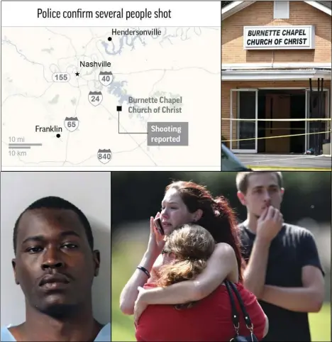  ??  ?? ABOVE LEFT: Active shooter location. ABOVE RIGHT: Police tape lines around the Burnette Chapel Church of Christ after a deadly shooting took place at the church. LOWER LEFT: This undated photo provided by Metro Nashville Police Department shows Emanuel...