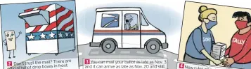  ?? EMILY DERUY, MIKE FRANKEL, JEFF DURHAM/BAY AREA NEWS GROUP ?? All California voters will receive a mail-in ballot this year. You may have found yours between the pizza coupons and power bill.
There are 2 Don’t trust the mail? in front officialba­llot drop boxes city halls. of many libraries and
T You can mail your ballot as late as Nov. 3 and it can arrive as late as Nov. 20 and still be counted.