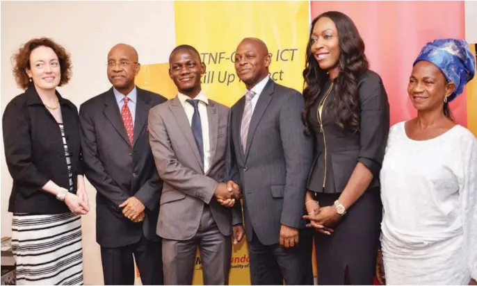  ??  ?? L-R : Senior Director, Business Developmen­t, ECEMEA, Ms. Orla Nichorcora, Director, MTN Nigeria Foundation, Mr. Dennis Okoro; MTN Foundation Scholar/CERN Awardee, Mr. Mufutau Akuruyejo; Oracle Nigeria Country Director, Mr. Adebayo Sanni; Executive...