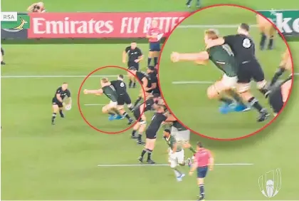  ?? Photo / Spark Sport ?? All Blacks captain Kieran Read appeared to make a head-high tackle on Springbok flanker Pieter-Steph du Toit during Saturday’s opening match in Yokohama.
