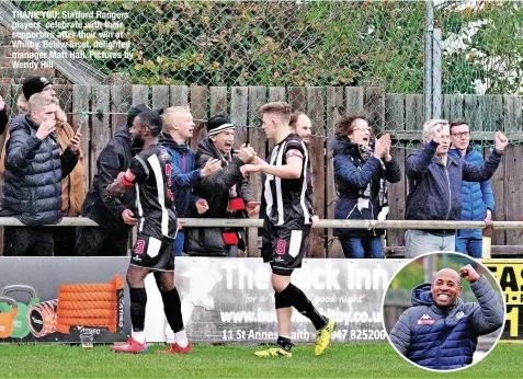  ?? ?? THANK YOU: Stafford Rangers players celebrate with their supporters after their win at Whitby. Below inset, delighted manager Matt Hall. Pictures by Wendy Hill