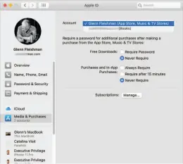  ??  ?? The Apple ID preference pane shows multiple accounts in Media & Purchases if you’re using different Apple IDS in different apps.