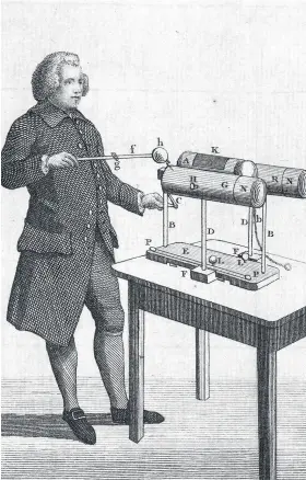  ??  ?? Edward Nairne (1726-1806) and one of his other inventions, an electrosta­tic generator that he claimed was good for treating various ailments, including bloodshot eyes, toothache and hysteria. His most useful invention was far less complicate­d.