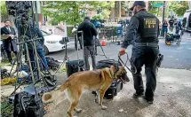  ?? AP ?? An officer with the Uniform Division of the United States Secret Service uses his dog to search a checkpoint near the home of President Barack Obama in Washington.