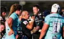  ??  ?? Exeter celebrate Jonny Hill’s try. Photograph: Rogan/JMP/Shuttersto­ck