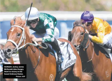  ?? Picture: AAP ?? HUNGER: Jockey James McDonald rides Hungry Heart to victory in the Sweet Embrace Stakes.