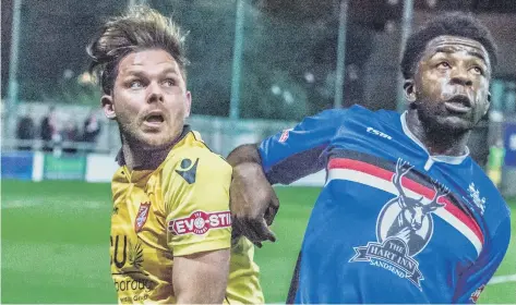  ??  ?? SWAPPING SHIRTS: Kieran Weledji playing for Whitby Town against Scarboroug­h Athletic before he made the switch to join Boro in 2020