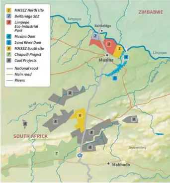  ?? ?? The dams proposed to supply the southern MMSEZ site, which is shown amongst proposed coal mines (above) and the two large catchment areas (1 & 2) that DWS now intends to merge (below)