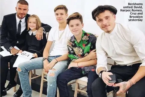  ??  ?? Beckhams united: David, Harper, Romeo, Cruz and Brooklyn yesterday