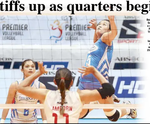  ?? JUN MENDOZA ?? BaliPure’s Grethcel Soltones soars for a spike against the Power Smashers’ Thai import Hyapa Amporn during their PVL clash last Thursday. The Power Smashers won, 25-20, 25-23, 25-19, to clinch the second outright semis slot.