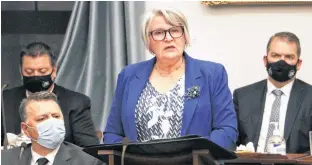  ?? STU NEATBY ?? Finance Minister Darlene Compton delivers the spring budget address in the P.E.I. legislatur­e on Feb. 24.